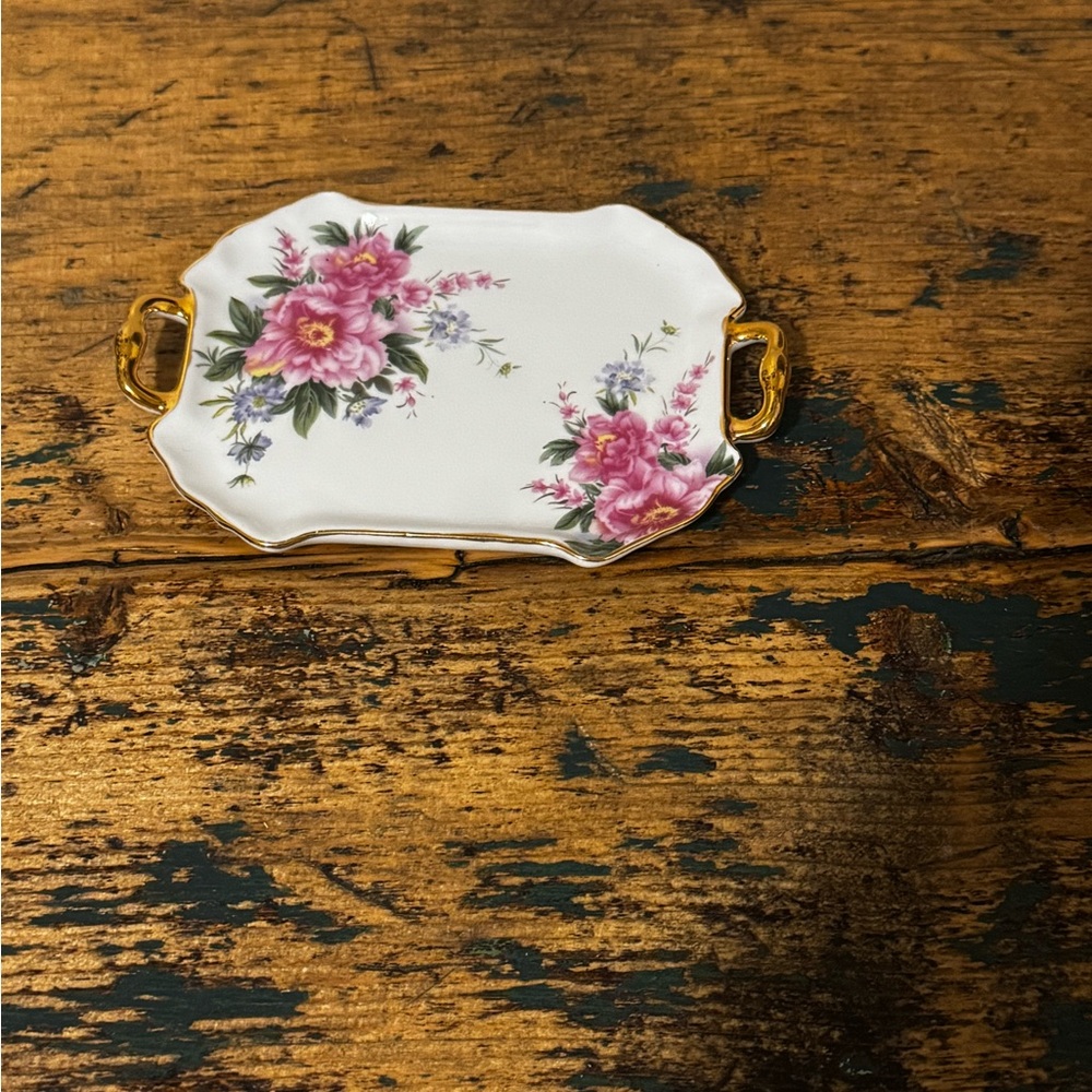 Floral Porcelain Tray with Gold Handles
